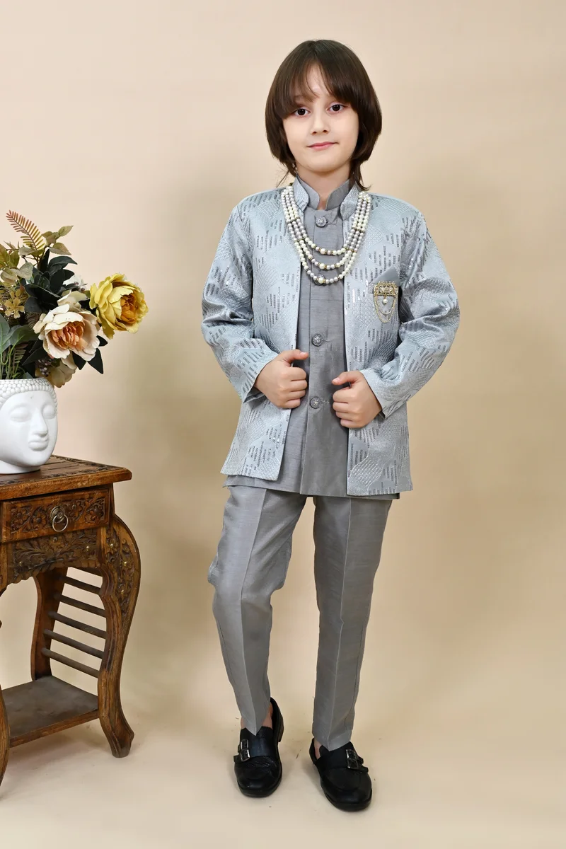 BT DEZINES Boys Grey Sherwani Set with Shrug & Necklace